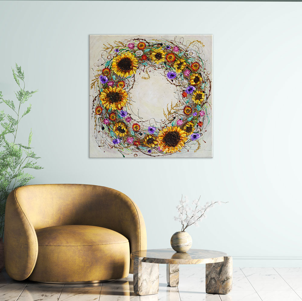 Circle of Happiness above chair: Amanda Dagg's joyful artwork as focal point.