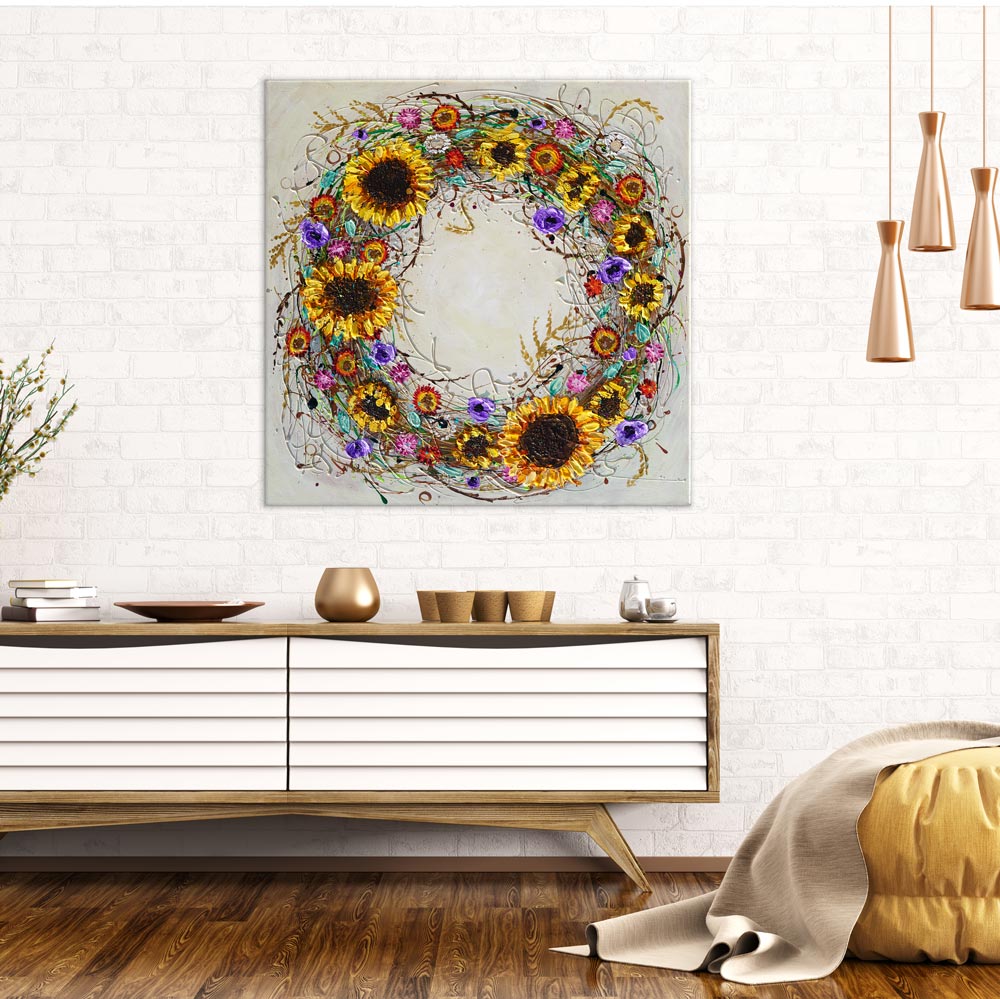 Circle of Happiness on sideboard: Vibrant artwork by Amanda Dagg enhances room decor.