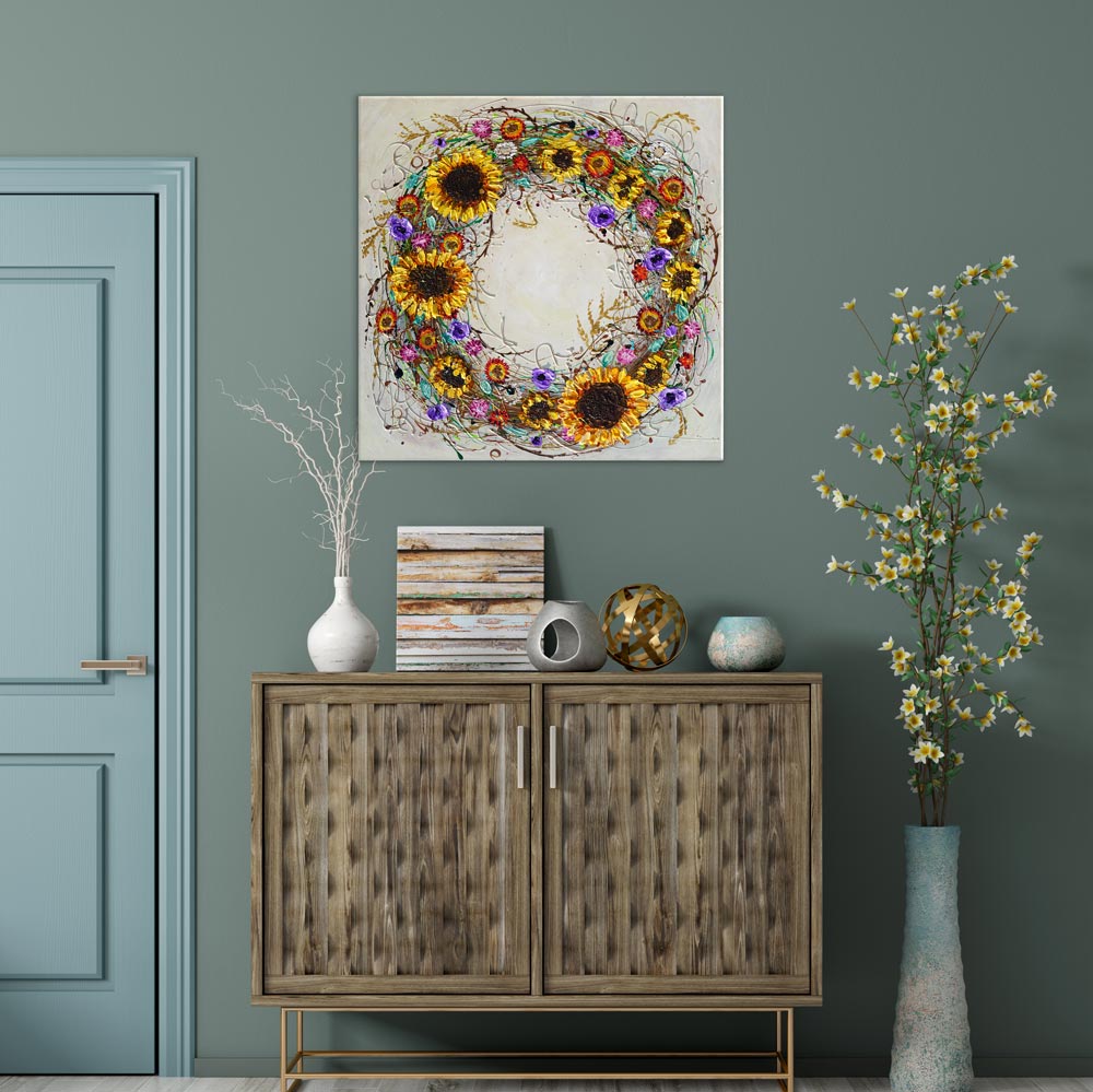 Circle of Happiness in teal room: Amanda Dagg's joyful painting 