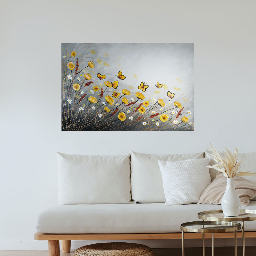 Dancing Butterflies above sofa: Amanda Dagg's vibrant butterfly and wildflower painting 