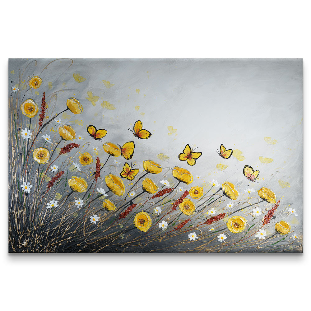 Dancing Butterflies in a Field of Flowers: yellow acrylic by Amanda Dagg.