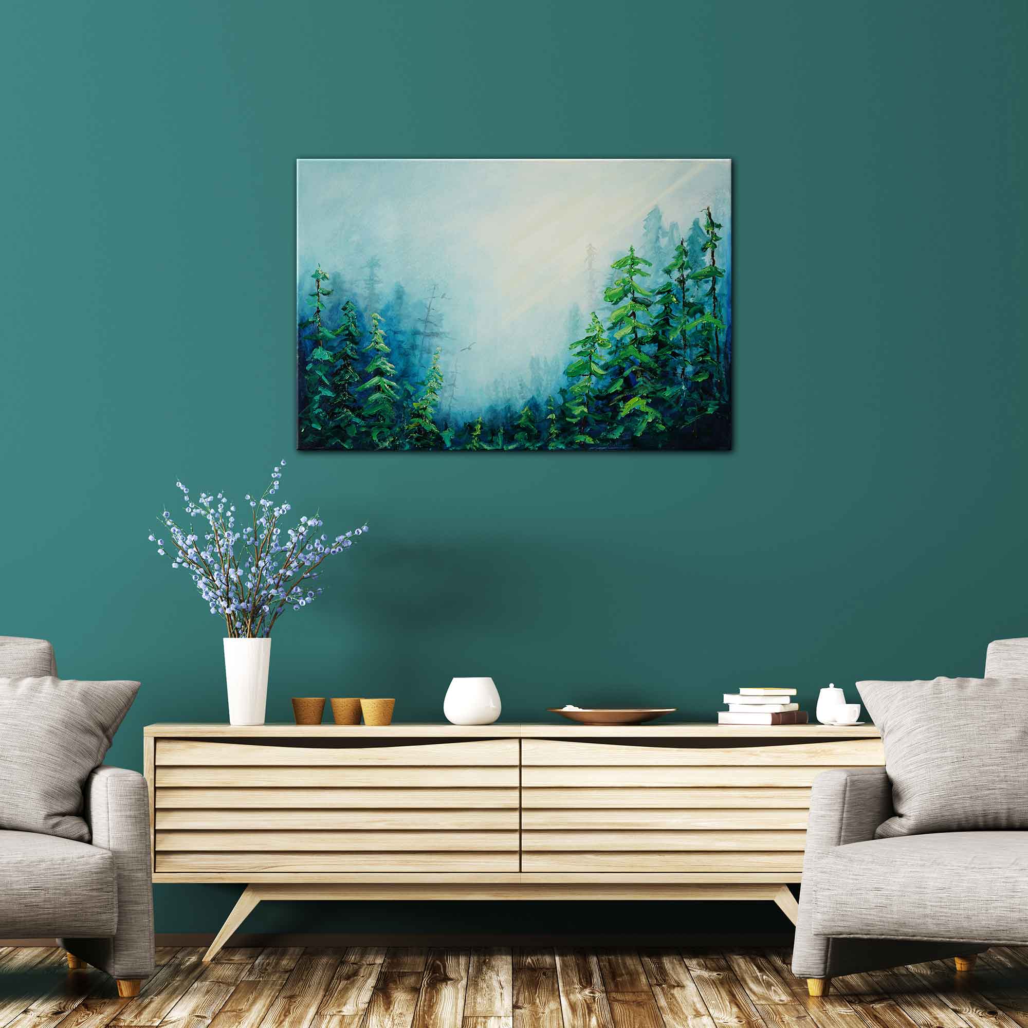 Living room with a teal wall, gray chairs, wooden cabinet, and forest painting.