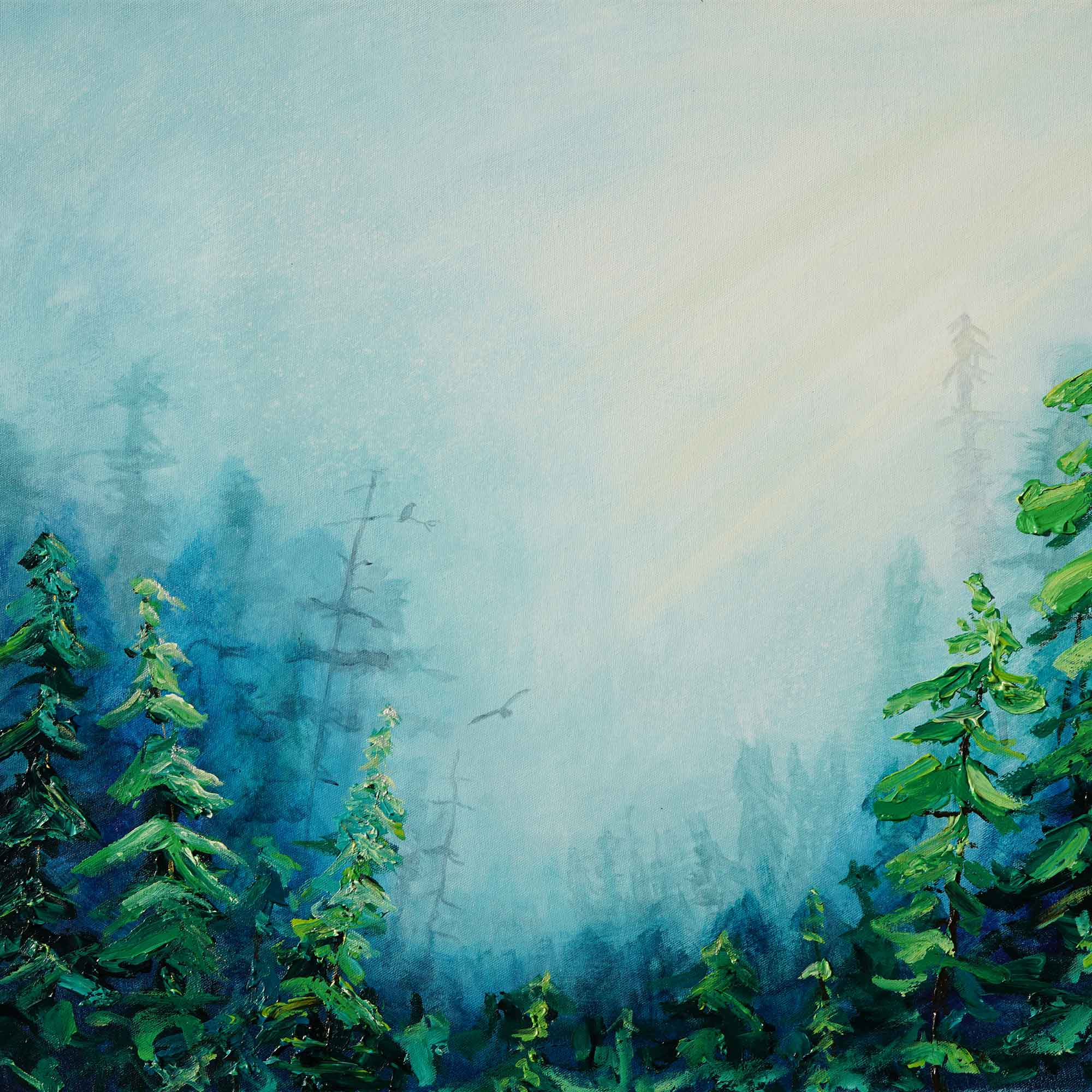 Painting of a forest with eagles in the background