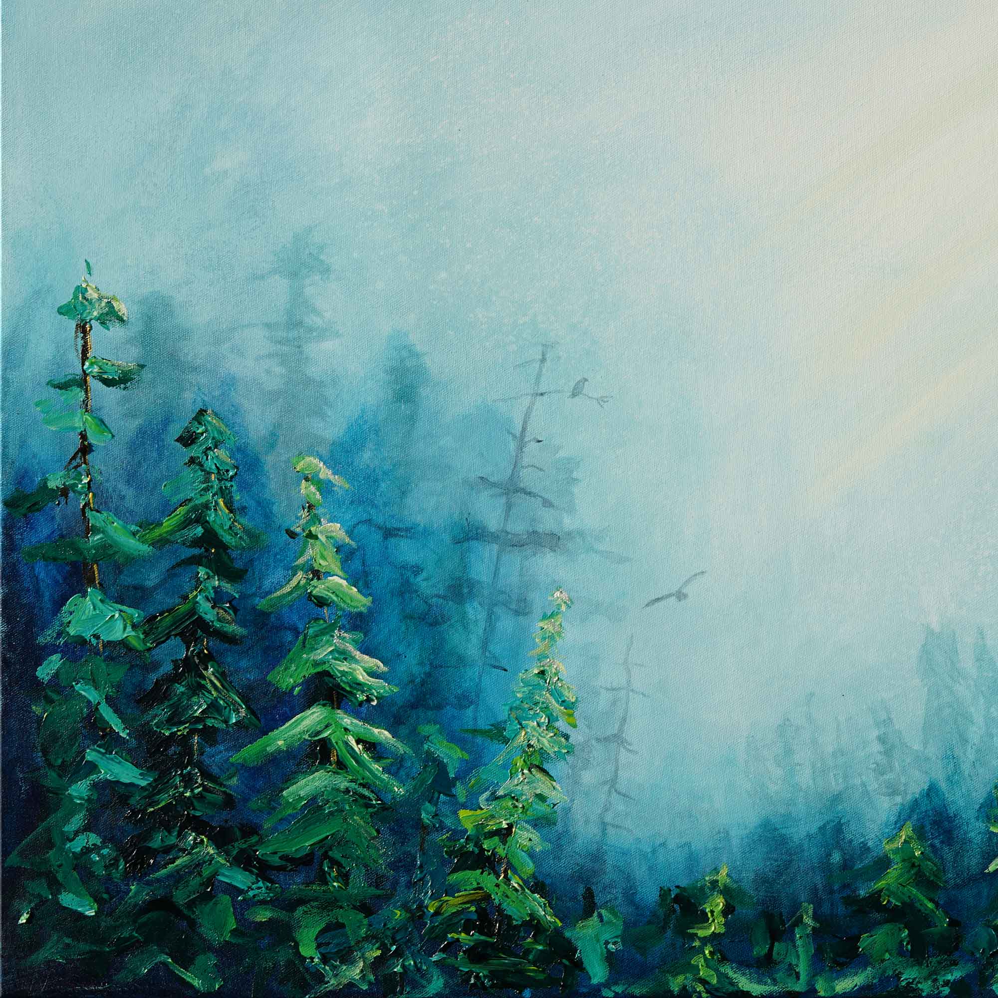 Painting of a forest with trees and eagles in the background