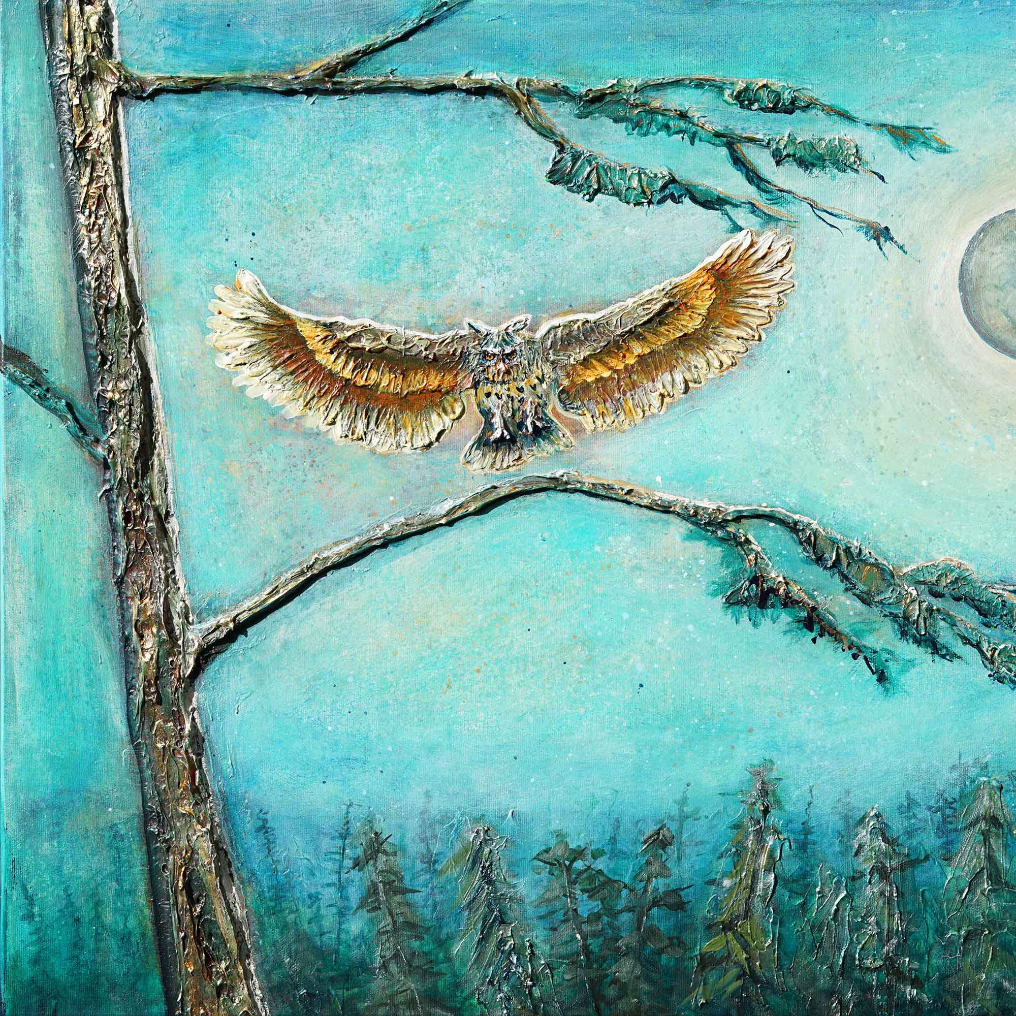 Painting of an owl flying over a forest with a blue sky.