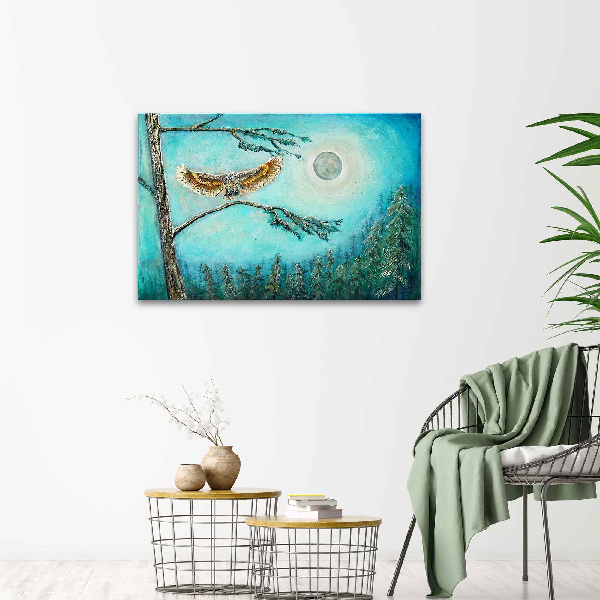 Painting of an oil flying over a moonlit sky in a room with a chair and table.