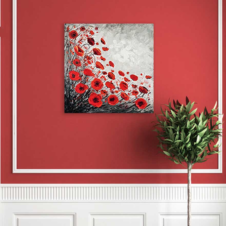 Grey poppy painting on red wall