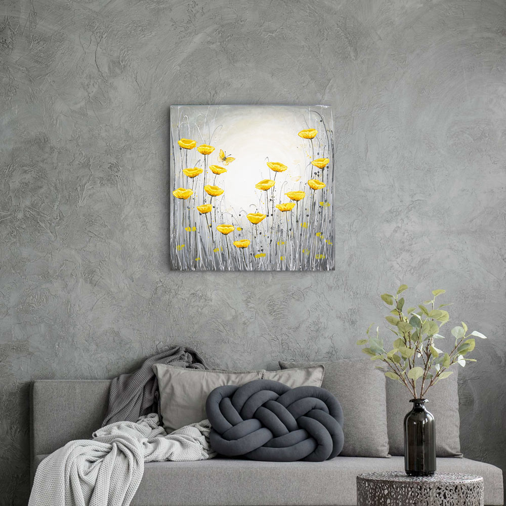 Yellow poppy painting in grey room