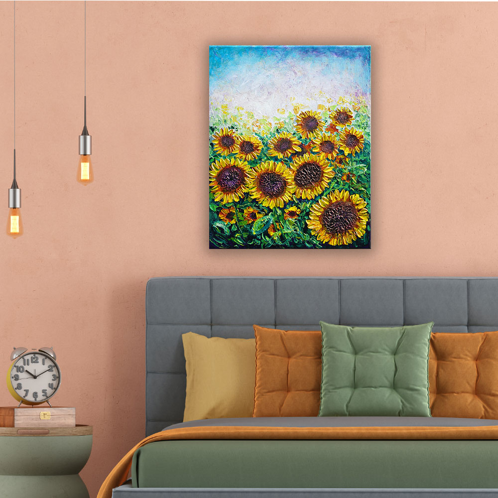 Sunflower painting in vibrant orange room