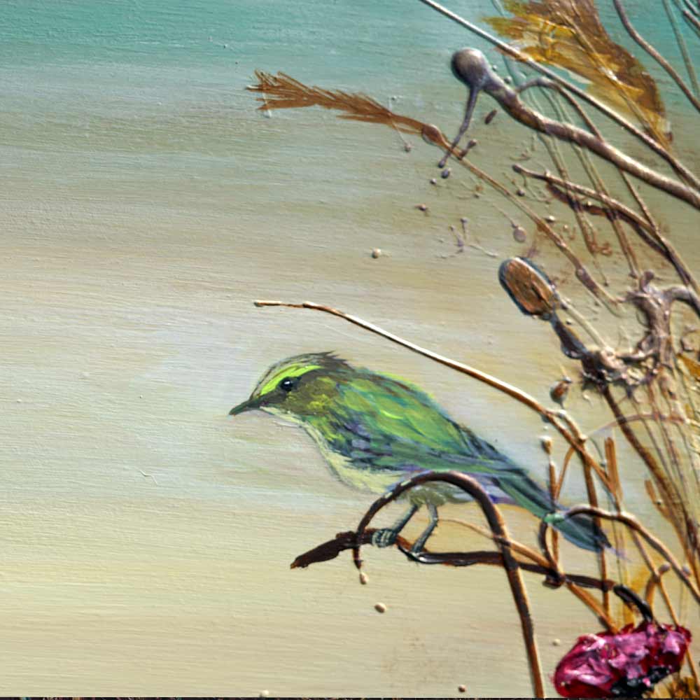 Green warbler detail in Welsh scene