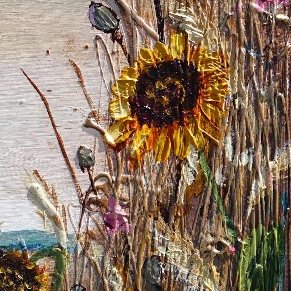 Sunflower detail in Welsh countryside painting